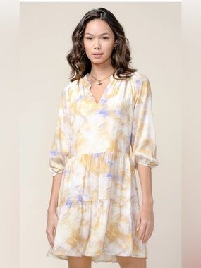 Greylin Yellow Thea Dress Sz Small Tie-Dye Boho Tiered Mini Hippie Festival